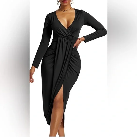 Women's V Neck Ruched Wrap Slit Hem Long Sleeve Bodycon Midi Dress - Picture 4 of 4